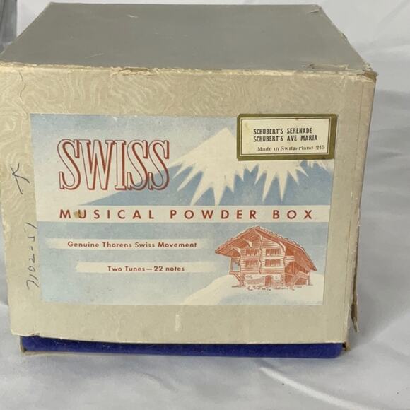 VTG IOB SWISS MUSICAL BLUE ROUND POWDER BOX PLAYS SCHUBERTS SERENADE AVA MARIA - Picture 11 of 11